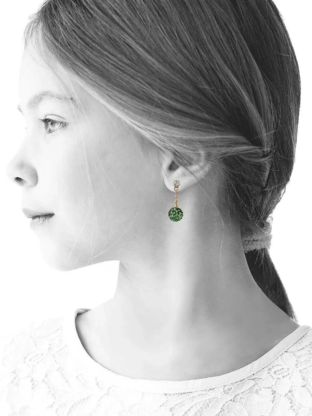 Molly Glitz 14k Gold Plated Lime White Crystal Ball Dangle Earrings